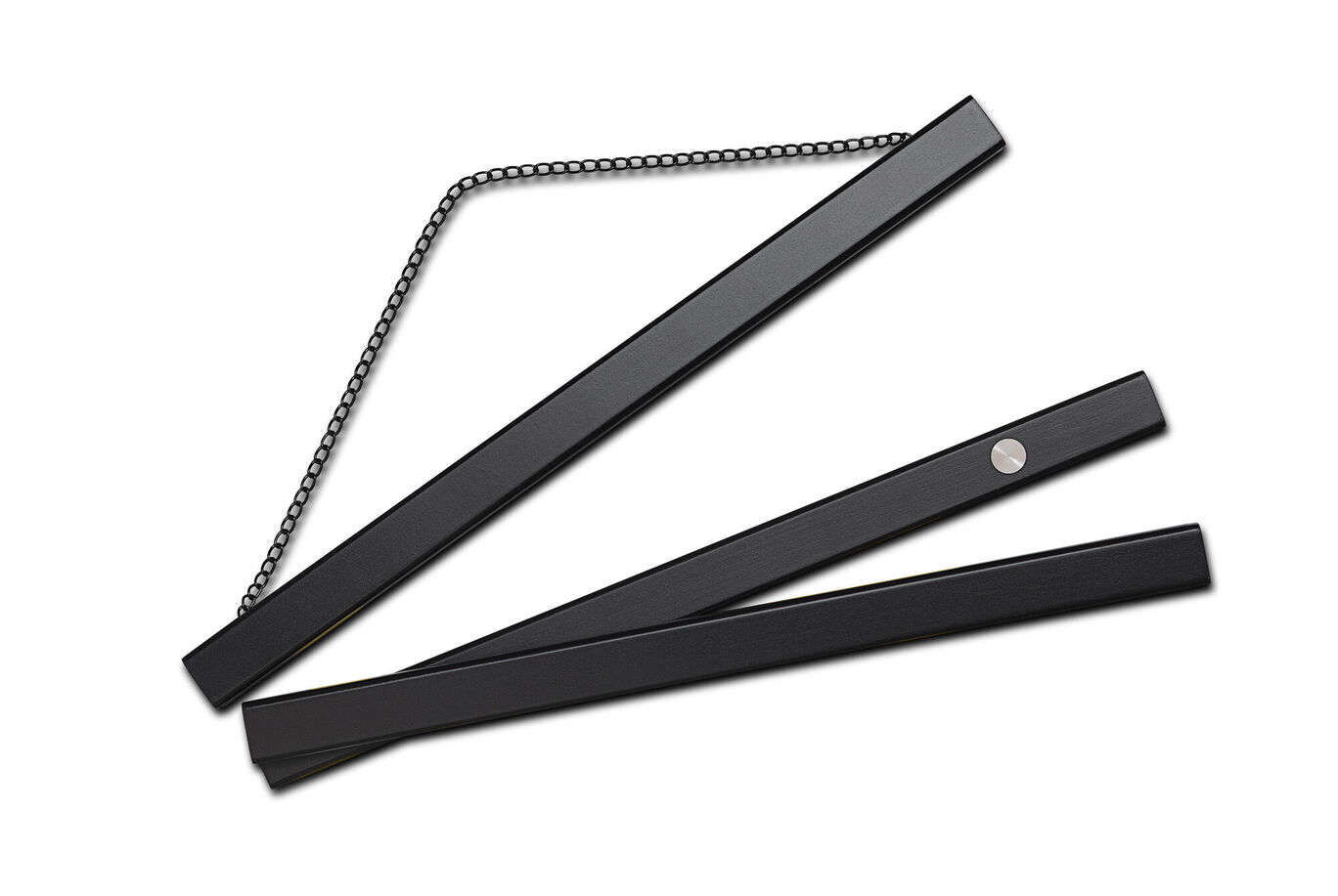 Three black wooden slats of different lengths connected by a chain for creative design ideas