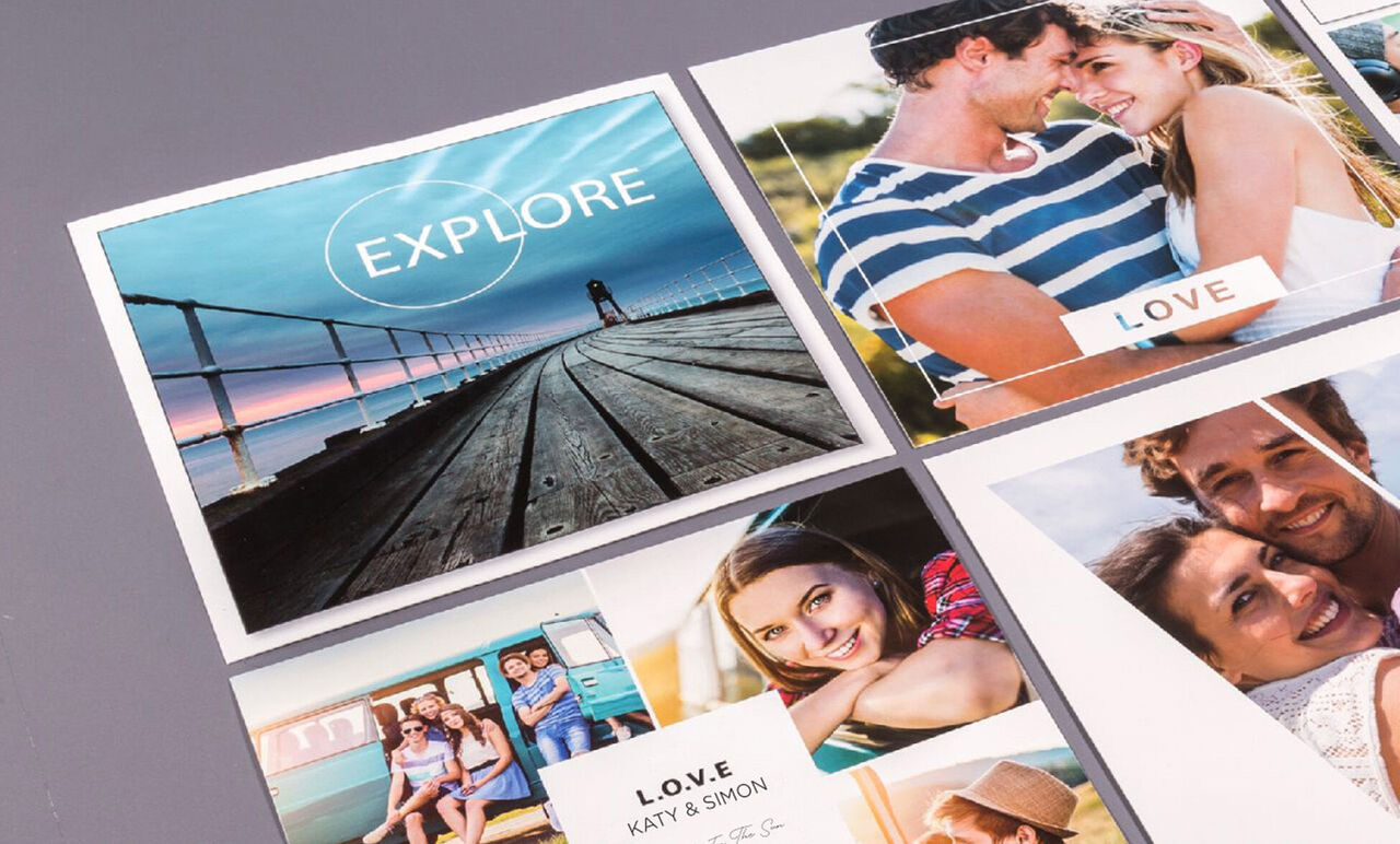 Colorful photo collage with the word Explore and romantic images.